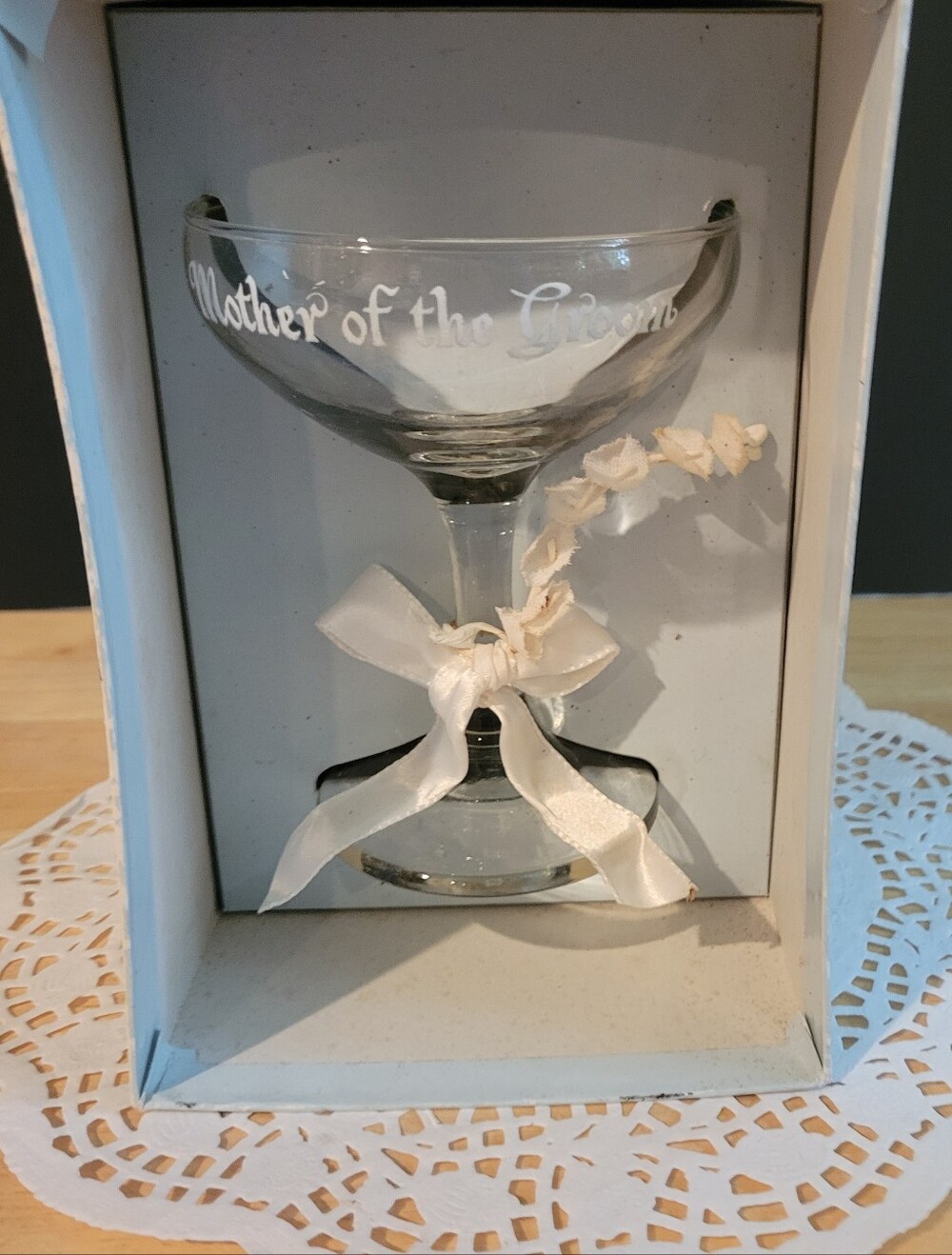 Mother of the Groom Engraved Champagne Coupe - Clear Glass with White Ribbon